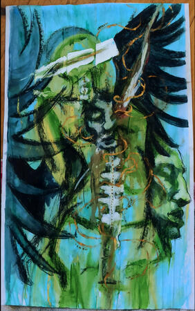 La Chute et l&#39;Ascension — 2025 — Mixed Media (Aquarelle, Charcoal, Acryl, Glass, Antique Gold) on Paper — ca. 43,6 cm x 69,5 cm — 680 €