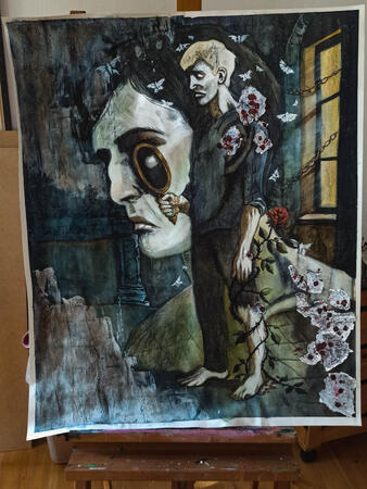 The Loop of the Hollow Man — 2025 — Mixed Media (Aquarelle, Dragons Blood Resin, Charcoal, Acryl, Crackling-Color, Antique Gold) on Paper — ca. 70 cm x 86,3 cm — 940 €